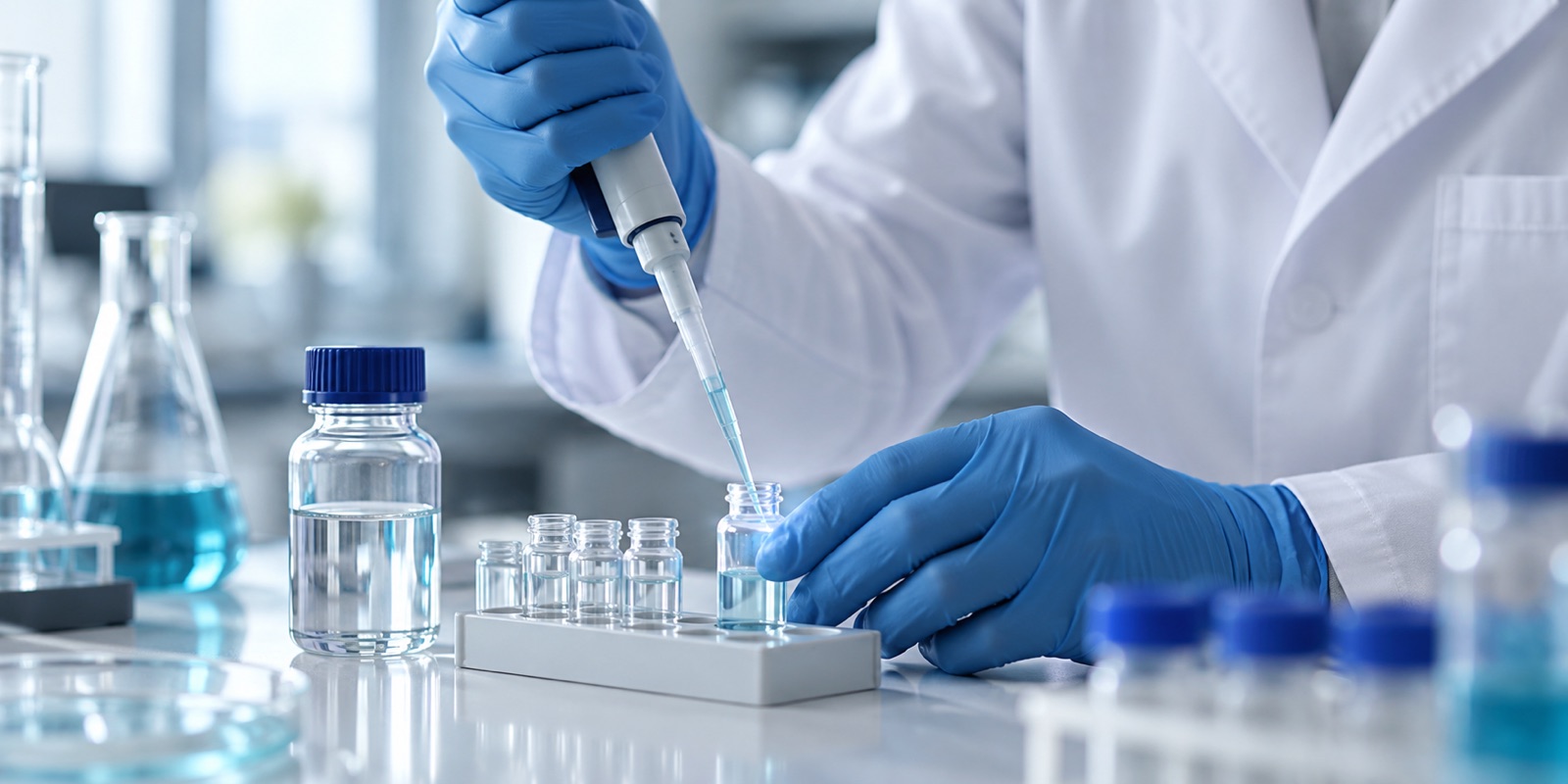 Escena ilustrativa de trabajo cuidadoso con muestras de laboratorio